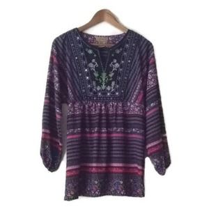 Vintage Art & Soul Purple Boho Chic Striped Floral Tunic Hippie Sz Small